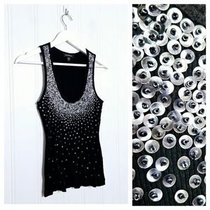 bebe Tank Top M Y2K Sequin Embellished Scoop Neck McBling Party Clubwear Black